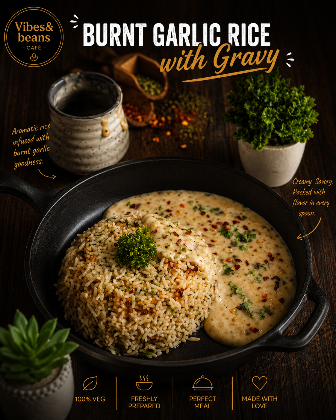 Burnt Garlic Rice With Gravy